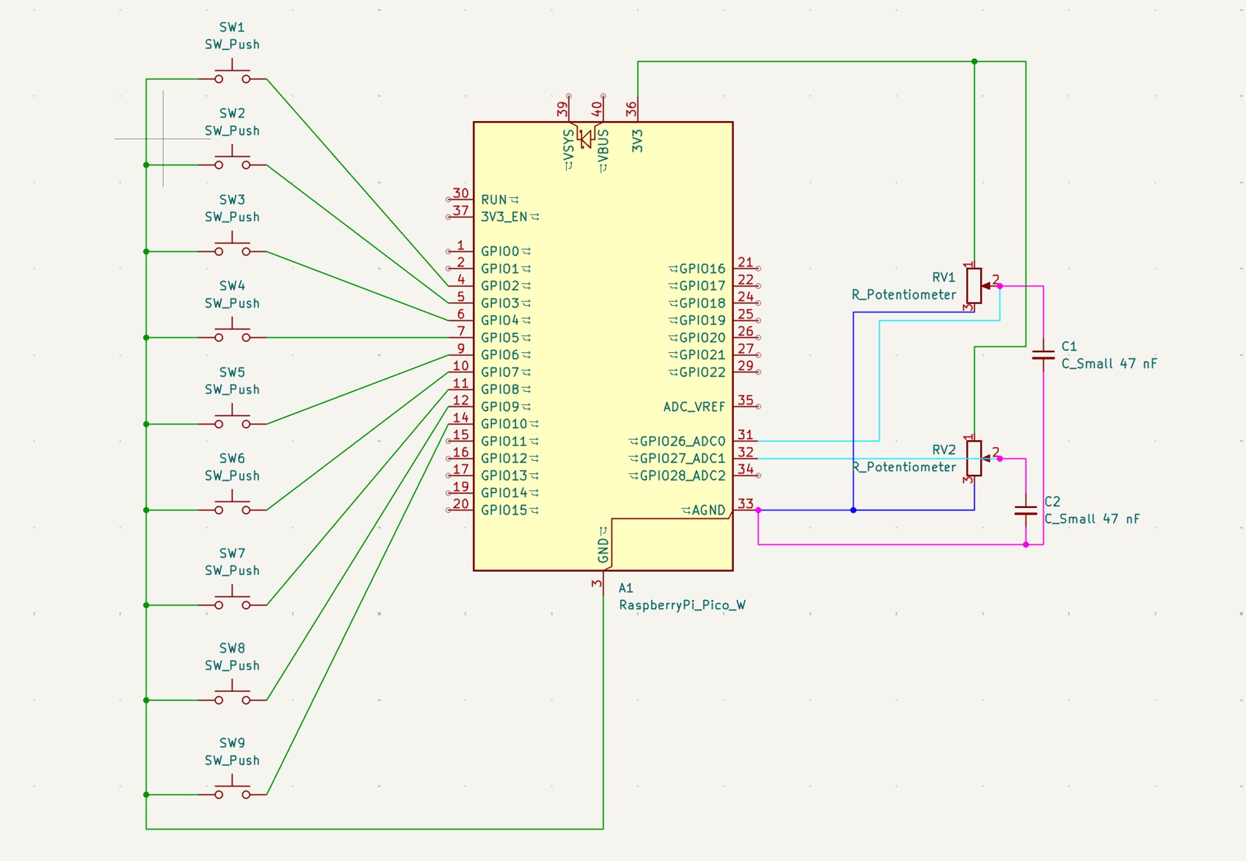 KiCad schematic for the 3x3 MIDI Soundboard: Raspberry Pi Pico W, nine push buttons, and two potentiometers