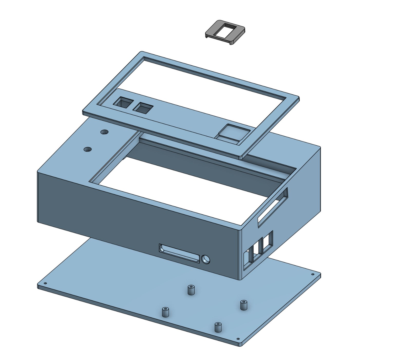 Onshape CAD render of the Air Piano enclosure, exploded view showing internal assembly