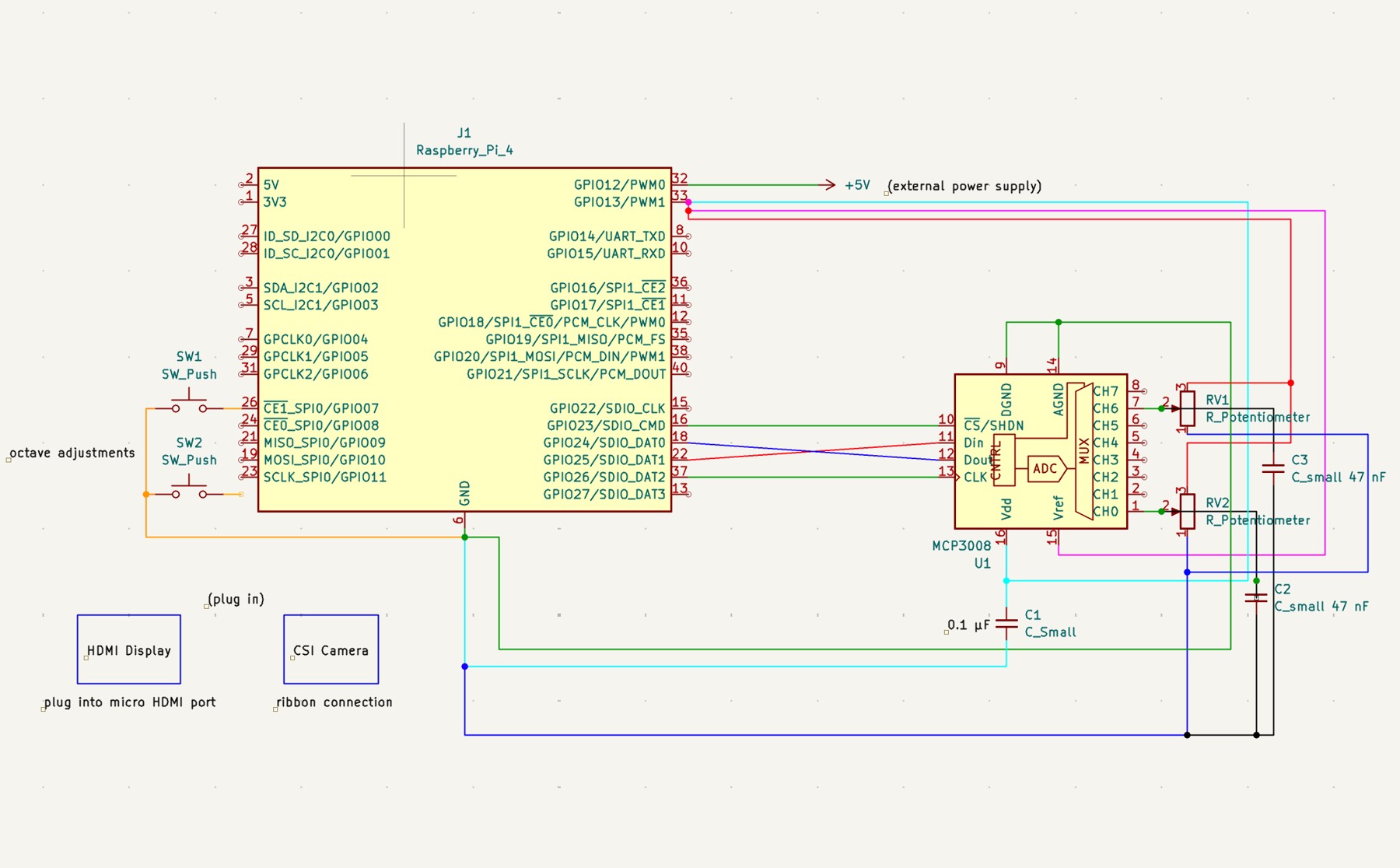KiCad schematic for Air Piano: Raspberry Pi 4B, MCP3008 ADC, potentiometers, and switches